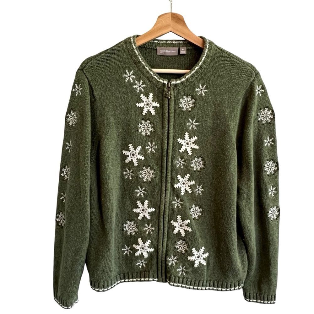 Vintage Fair Isle Womens Snowflake Cardigan Sweater Sz LP Zip Embroidered Beaded